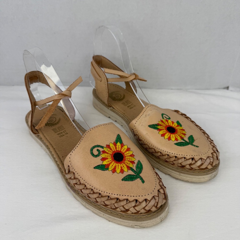 Mexican Huarache Sandals Tan Leather Sunflower Embroidered Ankle Tie Flats 10